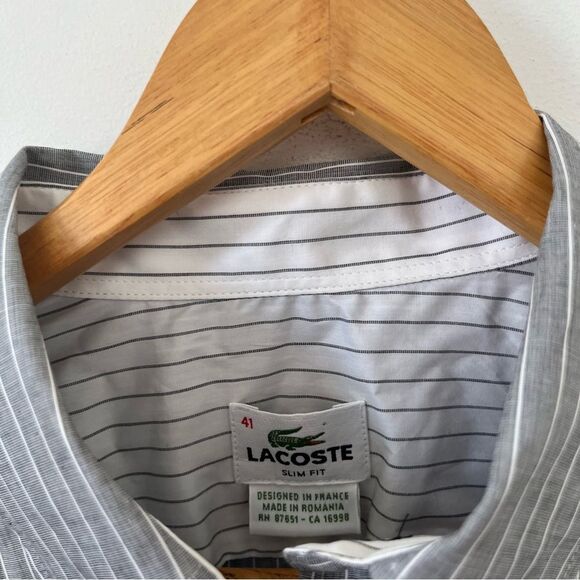 Lacoste Devanlay Grey White Pinstripe Slim Fit Cotton Long Sleeve Dress Shirt - Picture 3 of 9